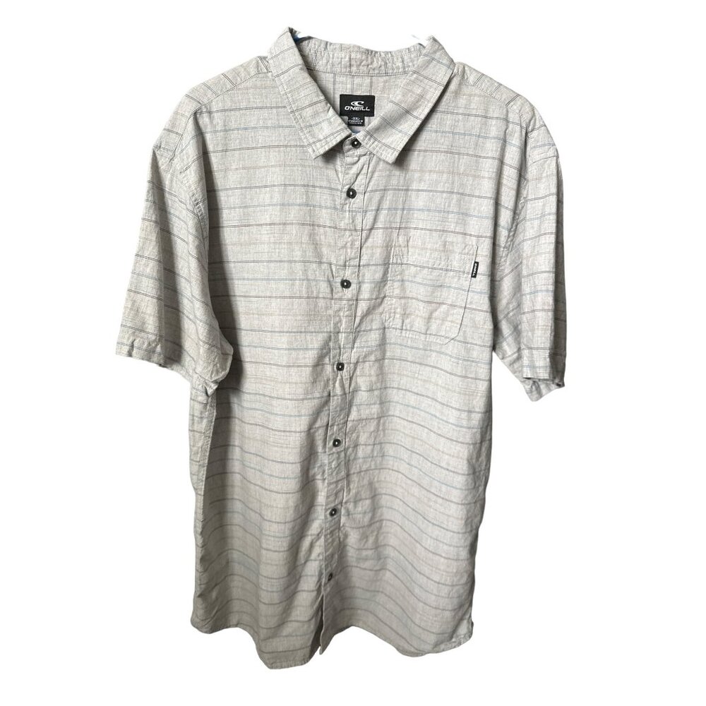 O’Neill Gray Button Down Shirt Short Sleeve Multi Color Stripes Cotton Size XXL